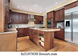 Free Art Print Of Kitchen With Cherry Wood Cabinetry Kitchen In