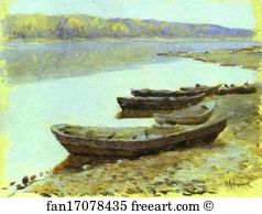 Riverbank Art Print - Landscape On The Volga. Boats By The Riverbank