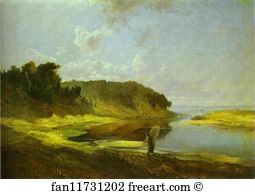 1859 Oil On Canvas The Russian Museum Art Print - Landscape With A River And An Angler