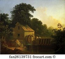 Landscape Boys Fishing Art Print - Landscape With Waterwheel And Boy Fishing