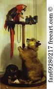 Puppies Art Print - Macaw, Love Birds, Terrier, And Spaniel Puppies, Belonging To Her Majesty
