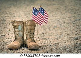Military Art Print - Old Military Combat Boots With Dog Tags And Two Small American Flags