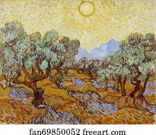 Sun Art Print - Olive Trees / Olive Trees With Yellow Sky And Sun