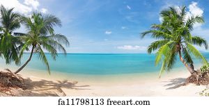 SUNNY BEACH TROPICAL PARADISE PALM TREES WALL POSTER ART PICTURE PRINT LARGE