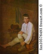 1827 Oil On Canvas The Russian Museum Art Print - Peasant Boy Putting On Bast Sandals