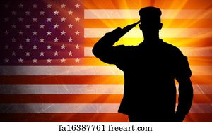 Military Art Print - Proud Saluting Male Army Soldier On American Flag Background