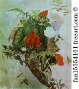 Watercolor Flowers Art Print - Red Flowers And Leaves Of Begonia In A Basket