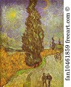 Walking Art Print - Road With Man Walking, Carrige, Cypress, Star And Crescend Moon