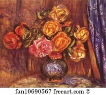 Curtain Art Print - Roses Before The Blue Curtain