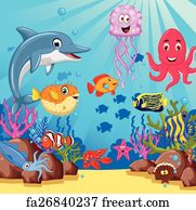 Free art print of Cartoon mermaid background with fish, rocks, coral