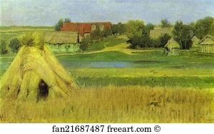 1880s Oil On Canvas The Russian Museum Art Print - Sheaves And A Village Beyond The River