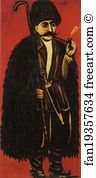 Cloak Art Print - Shepherd In A Sheepskin Cloak On A Red Background
