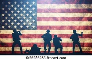 Military Art Print - Soldiers In Assault On Usa Flag. American Army, Military Concept.