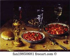 Osias Beert Art Print - Still Life With Cherries And Strawberries In Porcelain Bowls