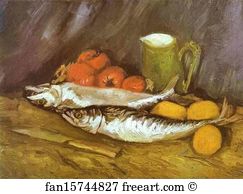 Lemon Art Print - Still Life With Mackerels, Lemons And Tomatoes