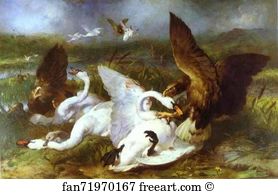 1869 Oil On Canvas Private Collection Art Print - Swannery Invaded By Eagles