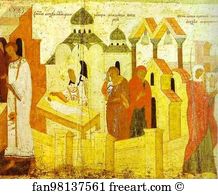 With Scenes From His Life Art Print - The Miracle Worked Over The Deceased Infant. Border Scene Of St. Alexius, Metropolitan Of Moscow, With Scenes From His Life