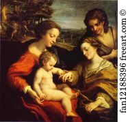 The Mystic Marriage Of St Catherine Art Print - The Mystic Marriage Of St. Catherine, With St. Sebastian; In The Background Is The Martyrdom Of Two Saints