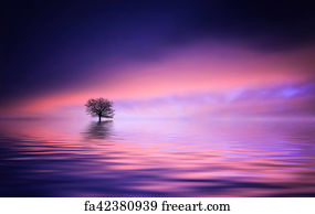 Free art print of Watercolor landscape with lake and tree in sunrise ...