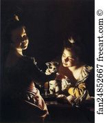 Kitten Art Print - Two Girls Dressing A Kitten By Candlelight