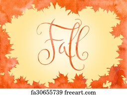 free art print of watercolor maple leaf and fall word orange