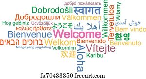 Free art print of Welcome in different languages. Tag cloud: 