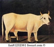 Oil On Oilcloth Private Collection Art Print - White Cow On A Black Background