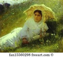 Umbrella Art Print - Woman With An Umbrella. (In The Grass. Midday)